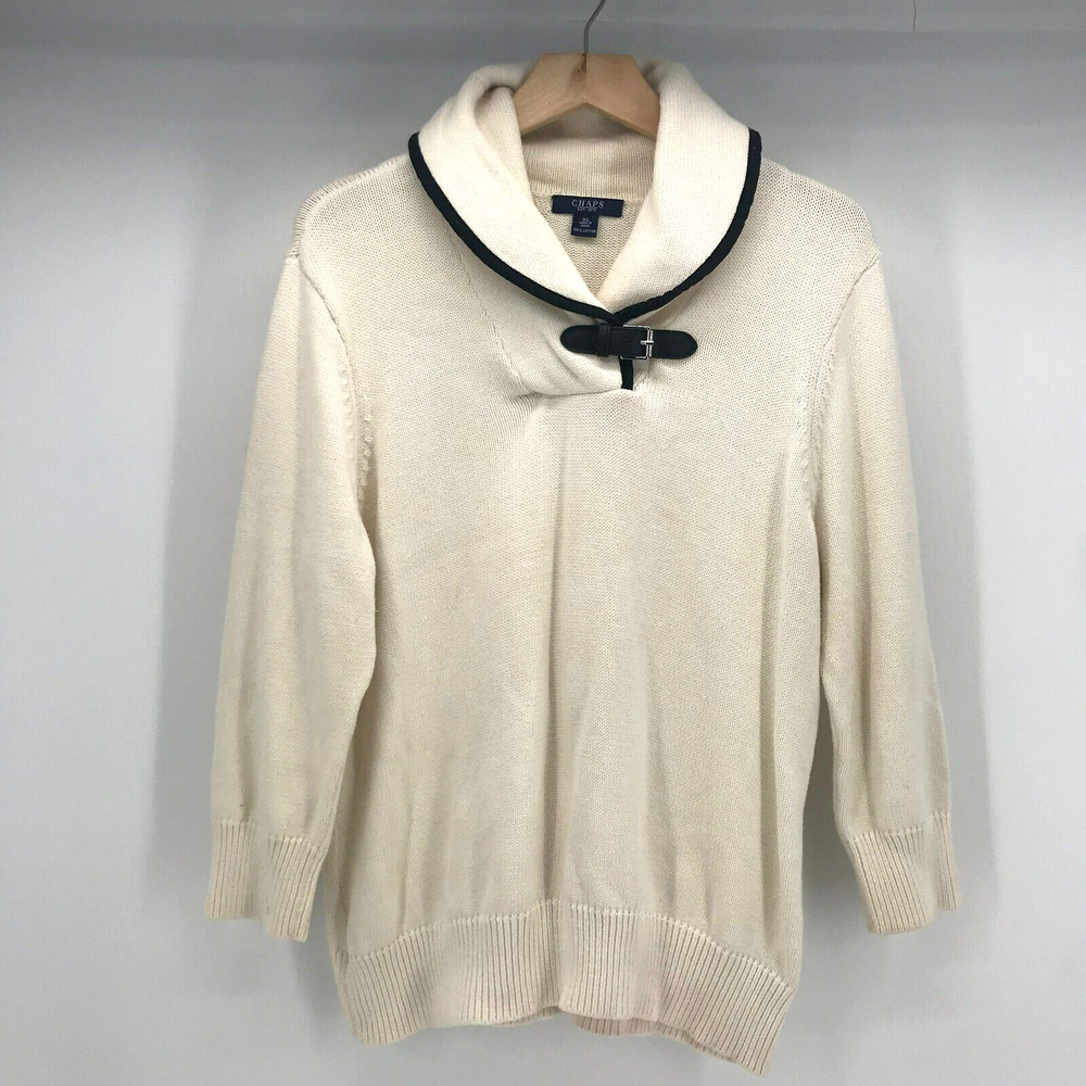 Chaps Sweater Womens XL Ivory Black Piping Detail Shawl Collar 100% Cotton